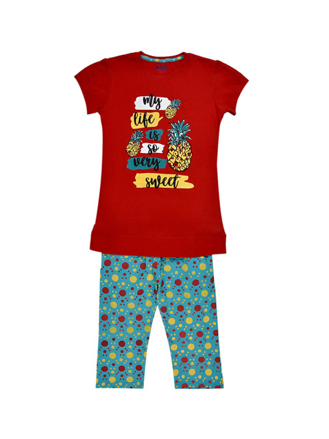

ORANGE PUMPKKIN Girls Red & Blue Printed T-shirt with Pyjamas