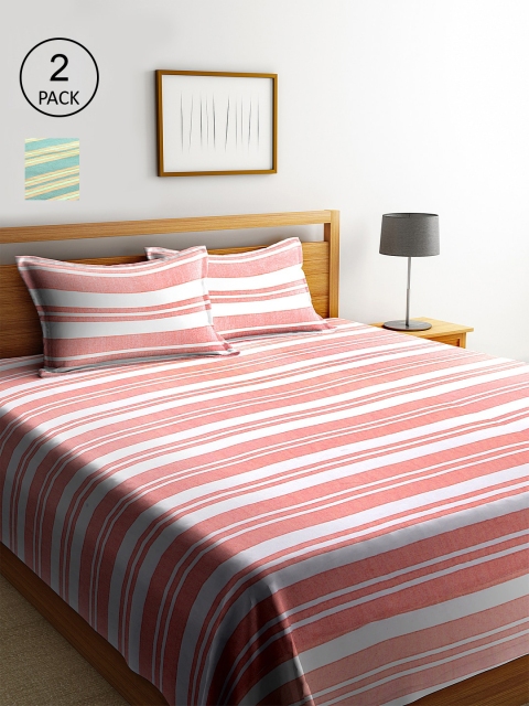 

KLOTTHE Set of 2 Pink & Green Striped Double Bed Covers With 4 Pillow Covers