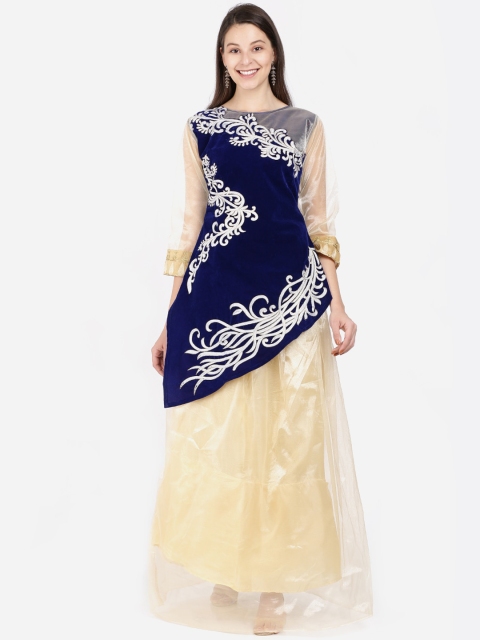 

SAADHVI Navy Blue Velvet Embroidered Semi-Stitched Lehenga with Blouse
