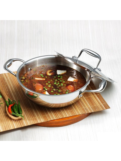 

Vinod Silver-Toned Solid Stainless Steel Kadhai With Lid