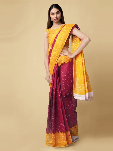 

Unnati Silks Red & Yellow Pure Cotton Printed Bandhani Saree