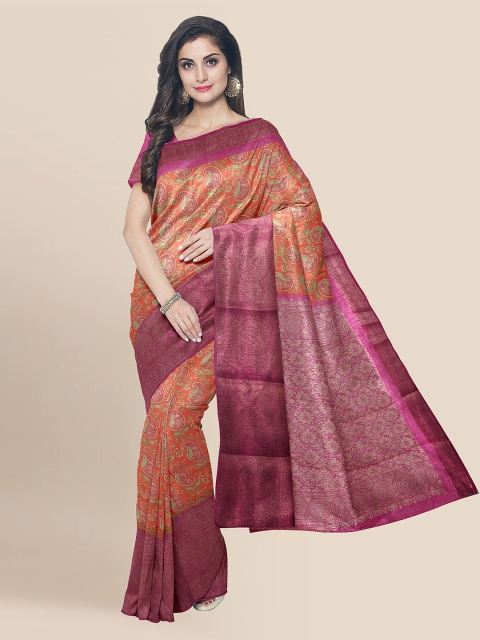 

KLM Fashion Mall Orange & Pink Linen Blend Printed Banarasi Saree