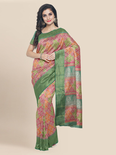 

KLM Fashion Mall Green & Pink Linen Blend Printed Banarasi Saree
