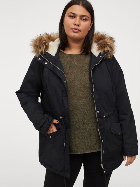 

H&M Women Plus Size Black Solid Pile-lined Parka