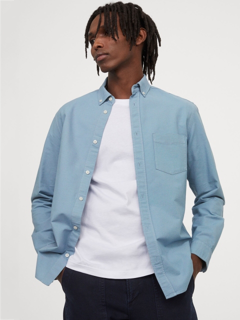 

H&M Men Blue Solid Oxford Shirt Regular Fit