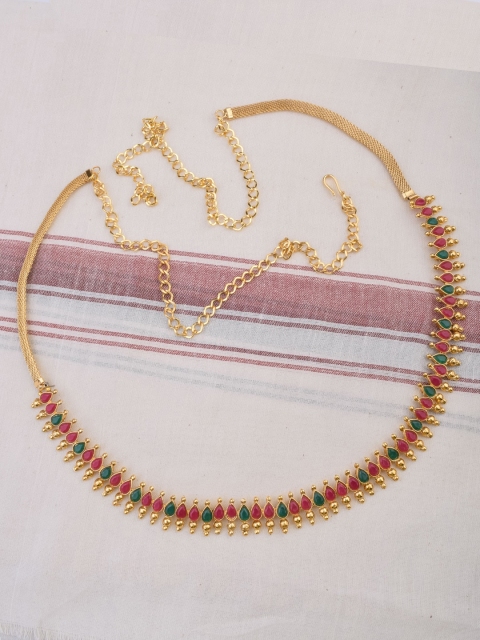 

Alankruthi Gold-Plated Magenta Pink & Green Stone-Studded Sustainable Kamarbandh