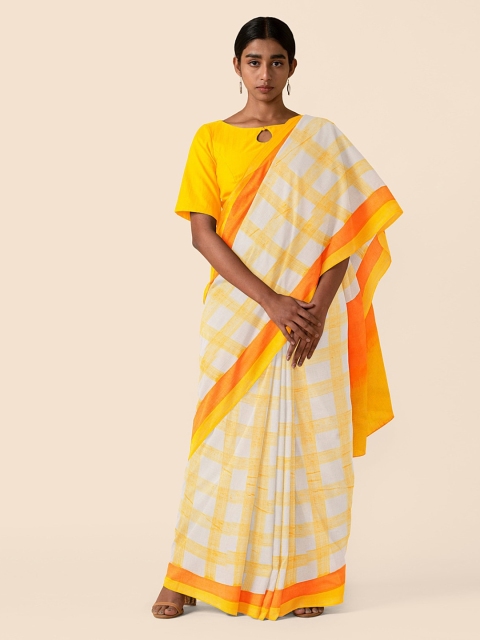 

Taneira White & Yellow Pure Cotton Checked Taant Saree