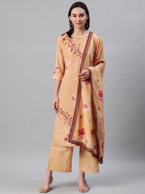 

ZIYAA Women Beige Printed Kurta with Palazzos & Dupatta