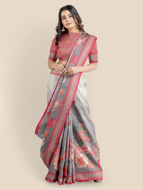 

KLM Fashion Mall Grey Linen Blend Printed Banarasi Saree