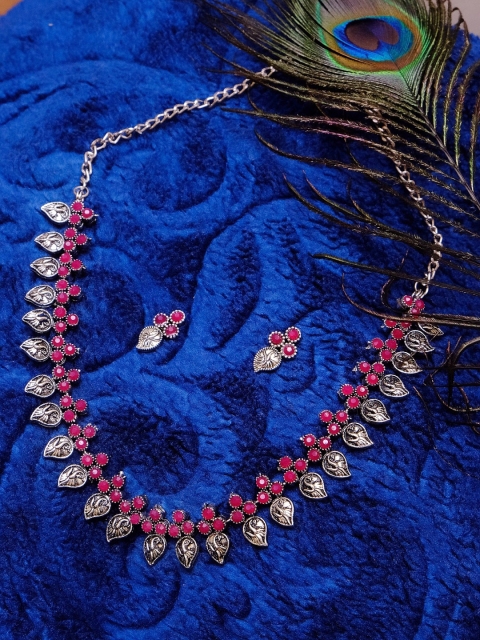 

Crunchy Fashion Oxidised Silver-Plated Pink Stone-Studded Jewellery Set