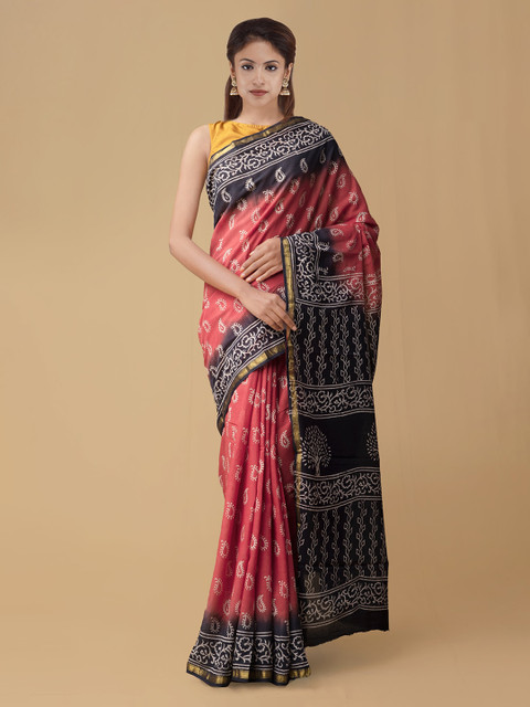 

Unnati Silks Red Pure Cotton Printed Handloom Block Print Saree