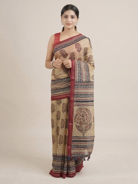 

Pothys Cream-Coloured Printed Jute Silk Saree