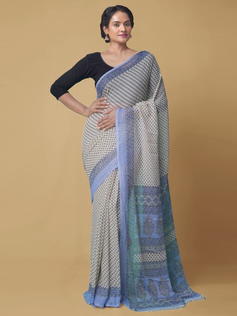 

Unnati Silks Cream-Coloured Pure Chiffon Printed Bhagalpuri Saree