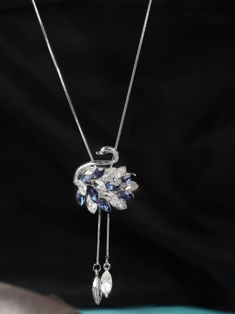 

ANIKAS CREATION Silver-Plated White & Navy Blue Stone-Studded Handcrafted Pendant