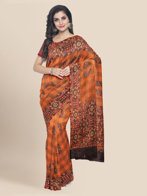 

KLM Fashion Mall Orange Silk Blend Embroidered Banarasi Saree