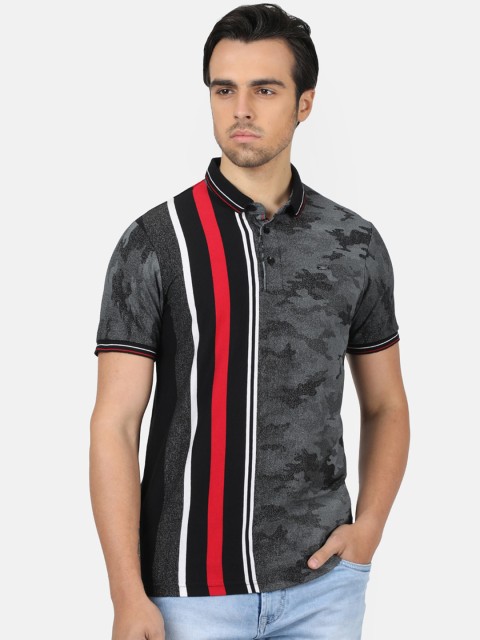 

Monte Carlo Men Black Striped Mandarin Collar T-shirt