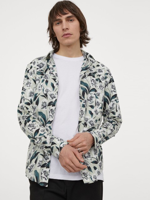 

H&M Men Green & White Printed Shirt Regular Fit
