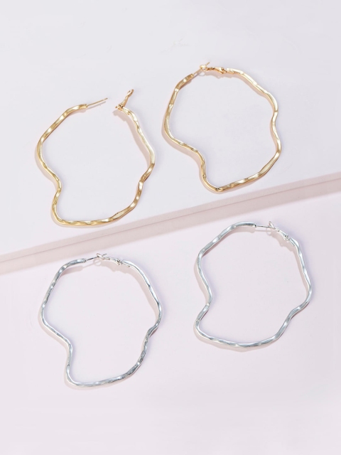 Runway Ritual Set Of 2 Gold-Toned & Silver-Toned Quirky Hoop Earrings