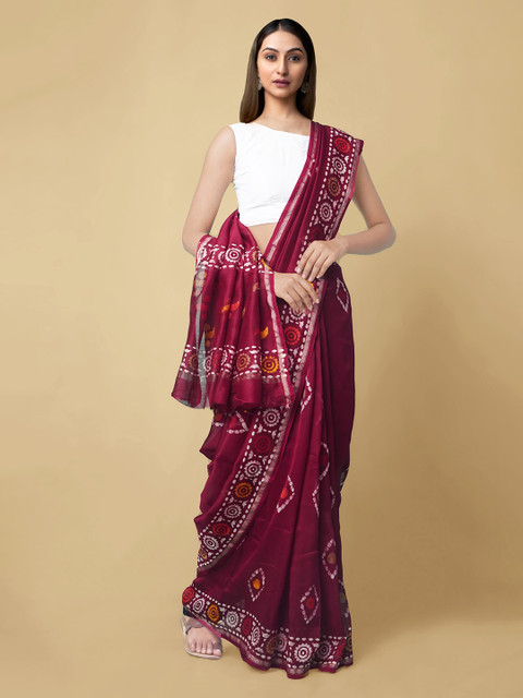 

Unnati Silks Maroon Silk Cotton Printed Chanderi Saree