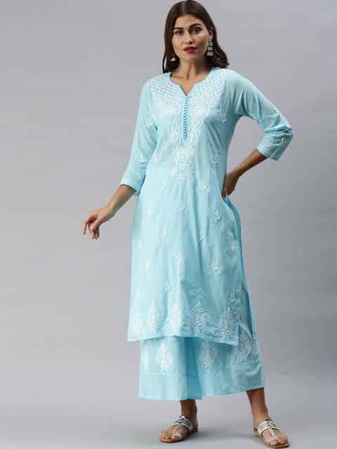 

Soch Women Blue & White Embroidered Kurta with Palazzos