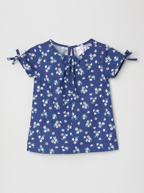 

max Blue Floral Printed Tie-Up Neck Pure Cotton A-Line Top