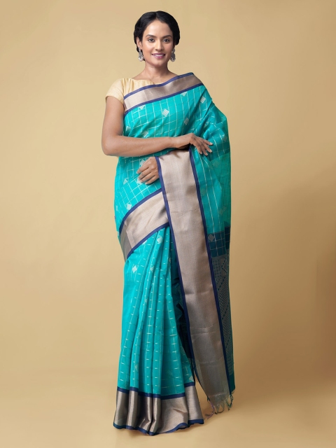 

Unnati Silks Blue Silk Cotton Checked Kanjeevaram Handloom Saree