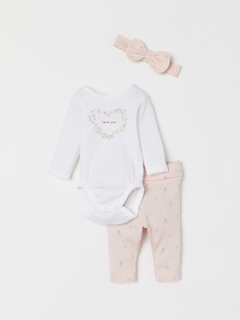 

H&M Unisex White & Pink Printed 3-piece cotton jersey set