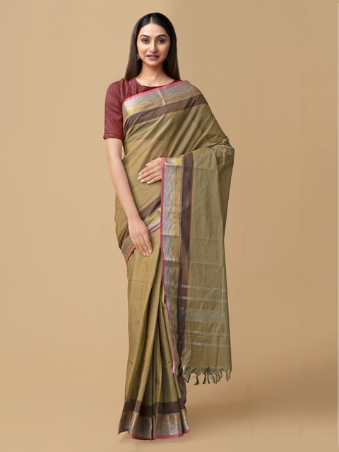 

Unnati Silks Green & Silver-Toned Pure Cotton Solid Chettinad Saree