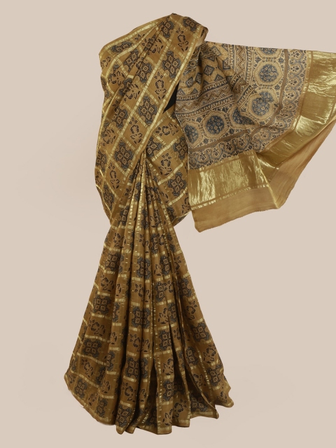 

Pothys Tan Pure Silk Checked Bandhani Saree