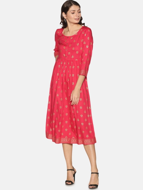 

Saffron Threads Women Red & Gold-Coloured Printed Fit and Flare Dress