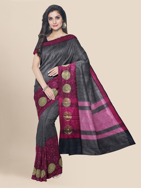 

KLM Fashion Mall Grey Linen Blend Printed Banarasi Saree