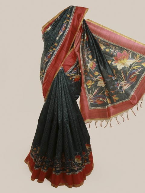 

Pothys Green & Red Jute Silk Printed Saree With Tasseled Pallu