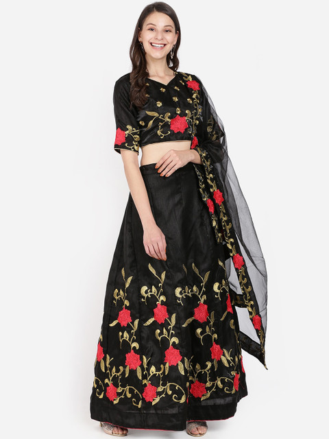 

SAADHVI Black & Red Embroidered Semi-Stitched Lehenga & Unstitched Blouse with Dupatta