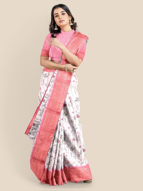 

KLM Fashion Mall White & Coral Linen Blend Printed Banarasi Saree
