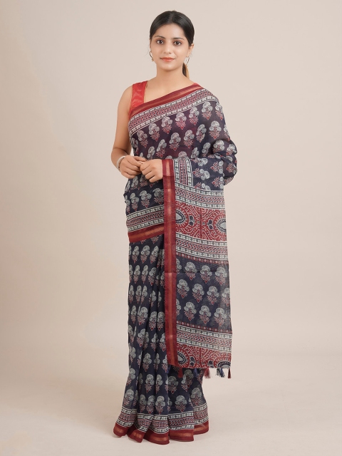 

Pothys Navy Blue Printed Jute Silk Saree