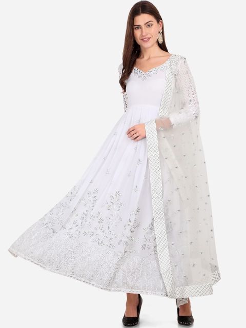 

Mitera White & Silver-Toned Poly Georgette Semi-Stitched Dress Material