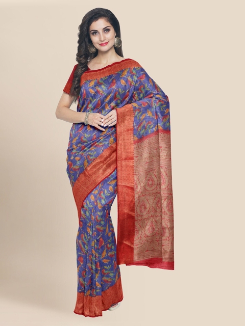 

KLM Fashion Mall Blue & Orange Linen Blend Printed Banarasi Saree