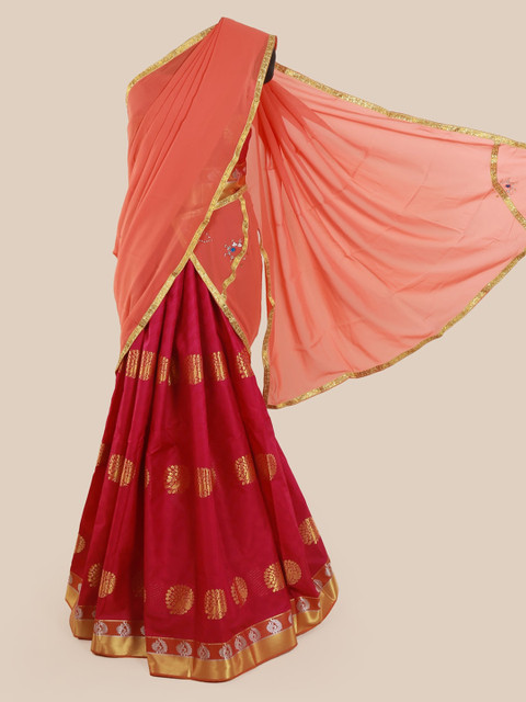 

Pothys Peach-Coloured & Red Poly Chiffon Woven Design Lehenga Saree