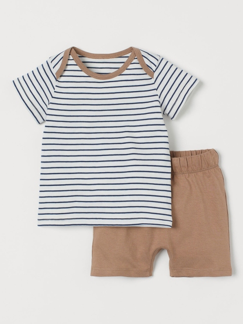 

H&M Unisex Kids White and Beige Striped Cotton T-shirt with Shorts