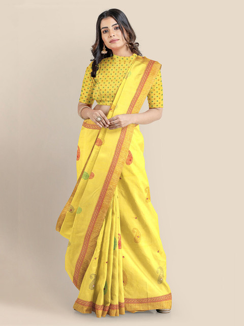 

KLM Fashion Mall Yellow & Red Linen Blend Printed Banarasi Saree