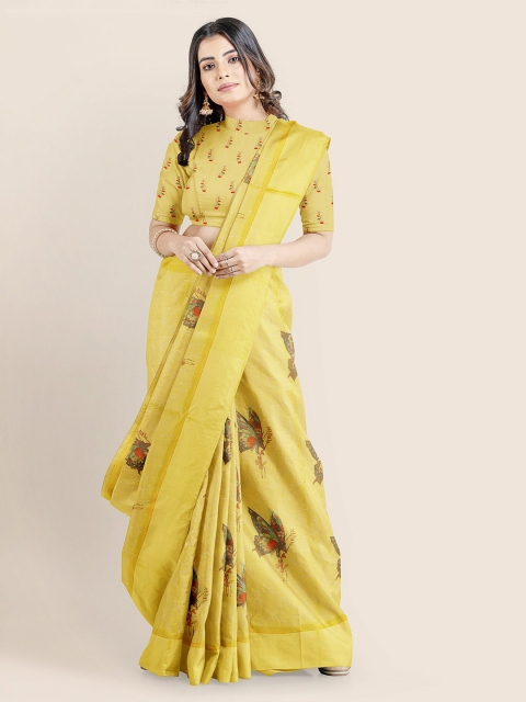 

KLM Fashion Mall Yellow & Brown Silk Blend Printed Banarasi Saree