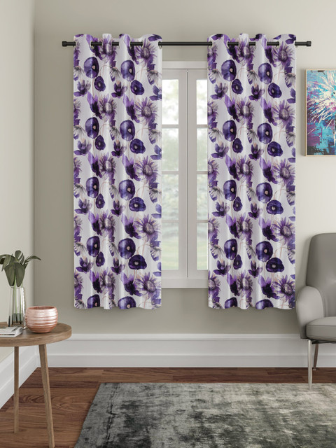 

Home Sizzler Set of 2 White & Purple Floral Window Curtains