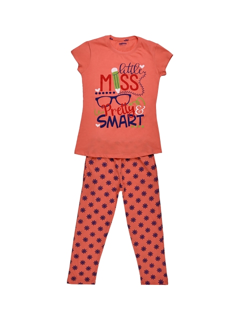 

ORANGE PUMPKKIN Girls Coral Pink Printed T-shirt with Pyjamas
