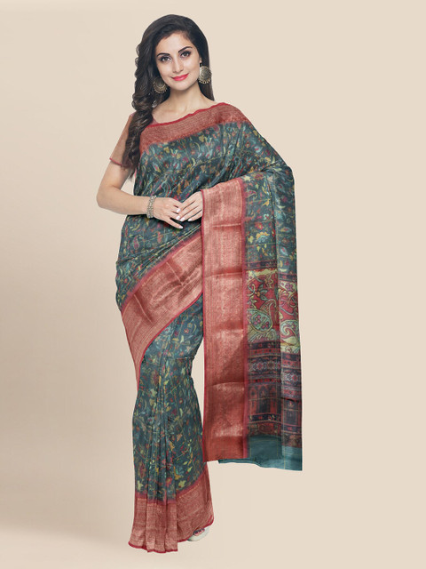 

KLM Fashion Mall Green Silk Blend Printed Banarasi Saree