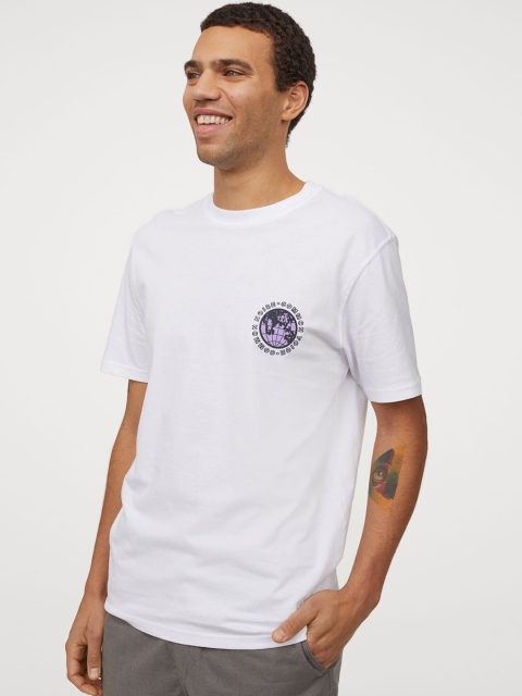 

H&M Men White Cotton Printed T-shirt