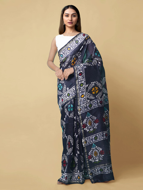 

Unnati Silks Navy Blue Silk Cotton Printed Chanderi Handloom Saree
