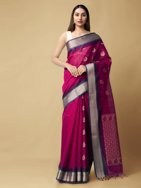 

Unnati Silks Pink Silk Cotton Woven Design Kanjeevaram Saree