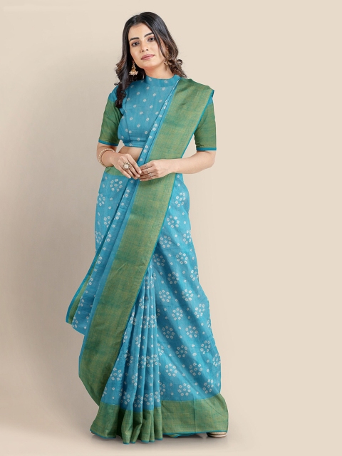 

KLM Fashion Mall Blue & Off-White Linen Blend Printed Banarasi Saree