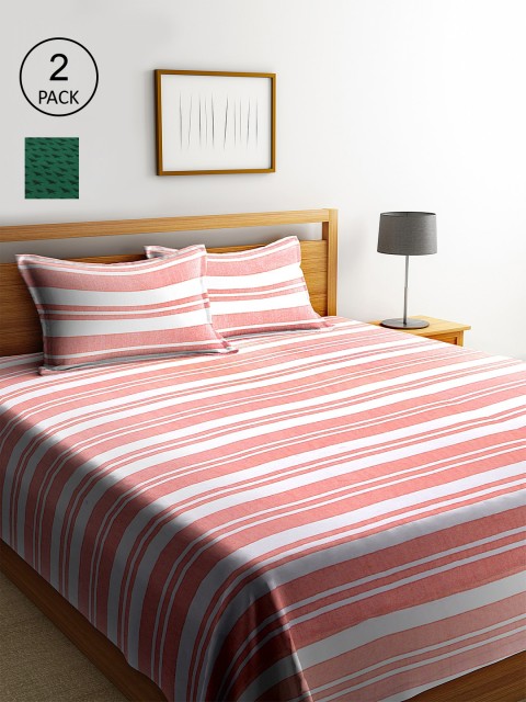 KLOTTHE Set Of 2 Peach-Colored & Green Striped Double King Bed Covers with 4 Pillow Covers