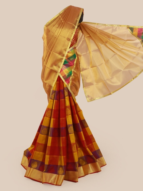

Pothys Gold-Toned & Maroon Tissue Checked Saree